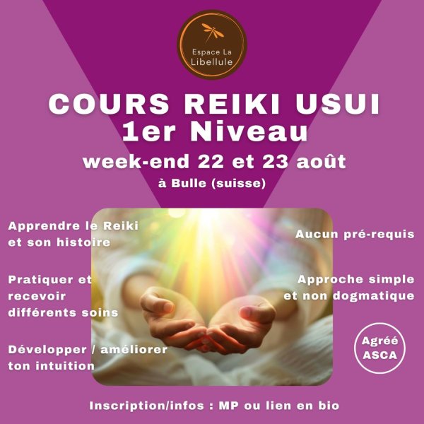 Cours de Reiki Usui 1er niveau, 22-23 août